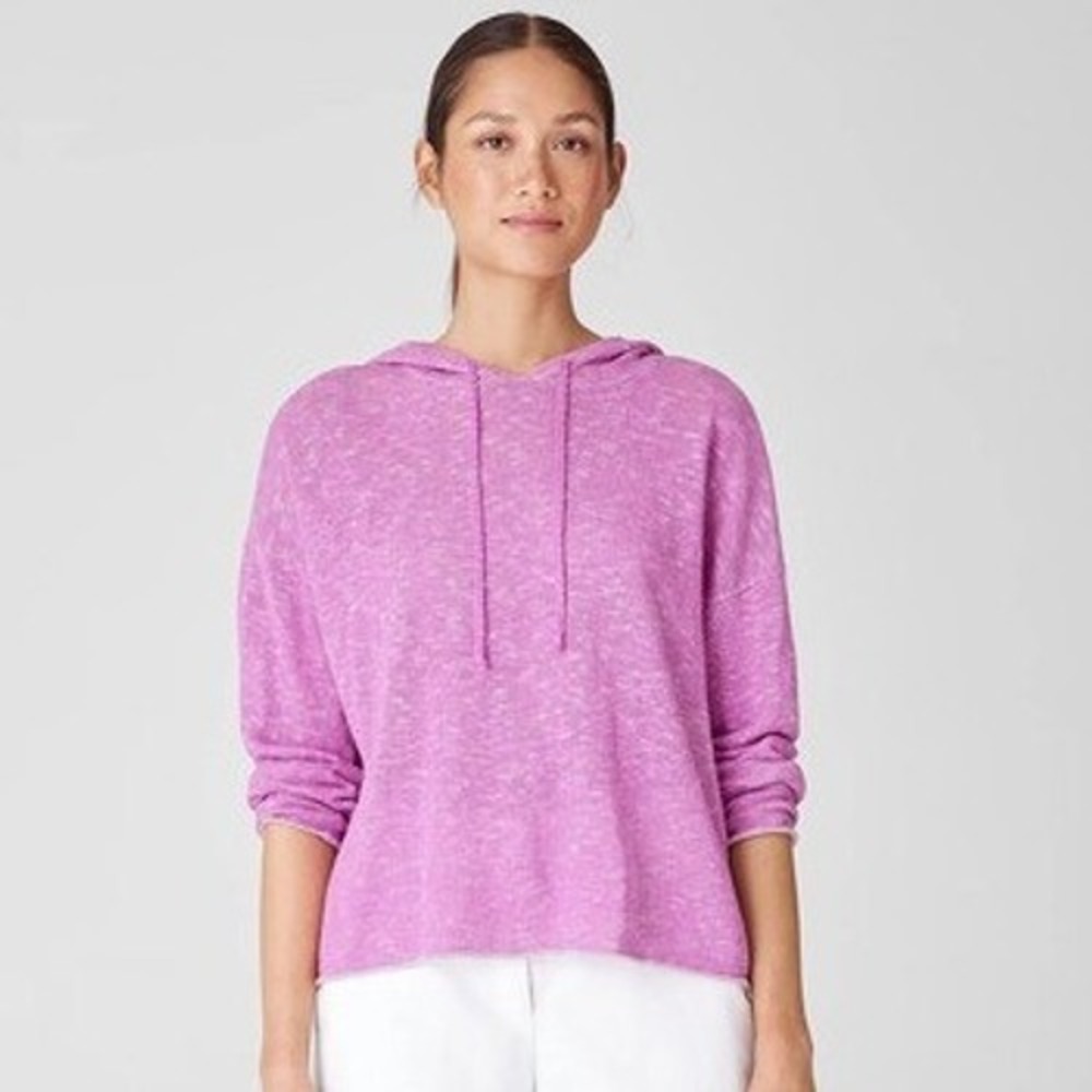 Eileen Fisher Organic Cotton Linen Slub Hooded Top Sweater Pink Purple XS